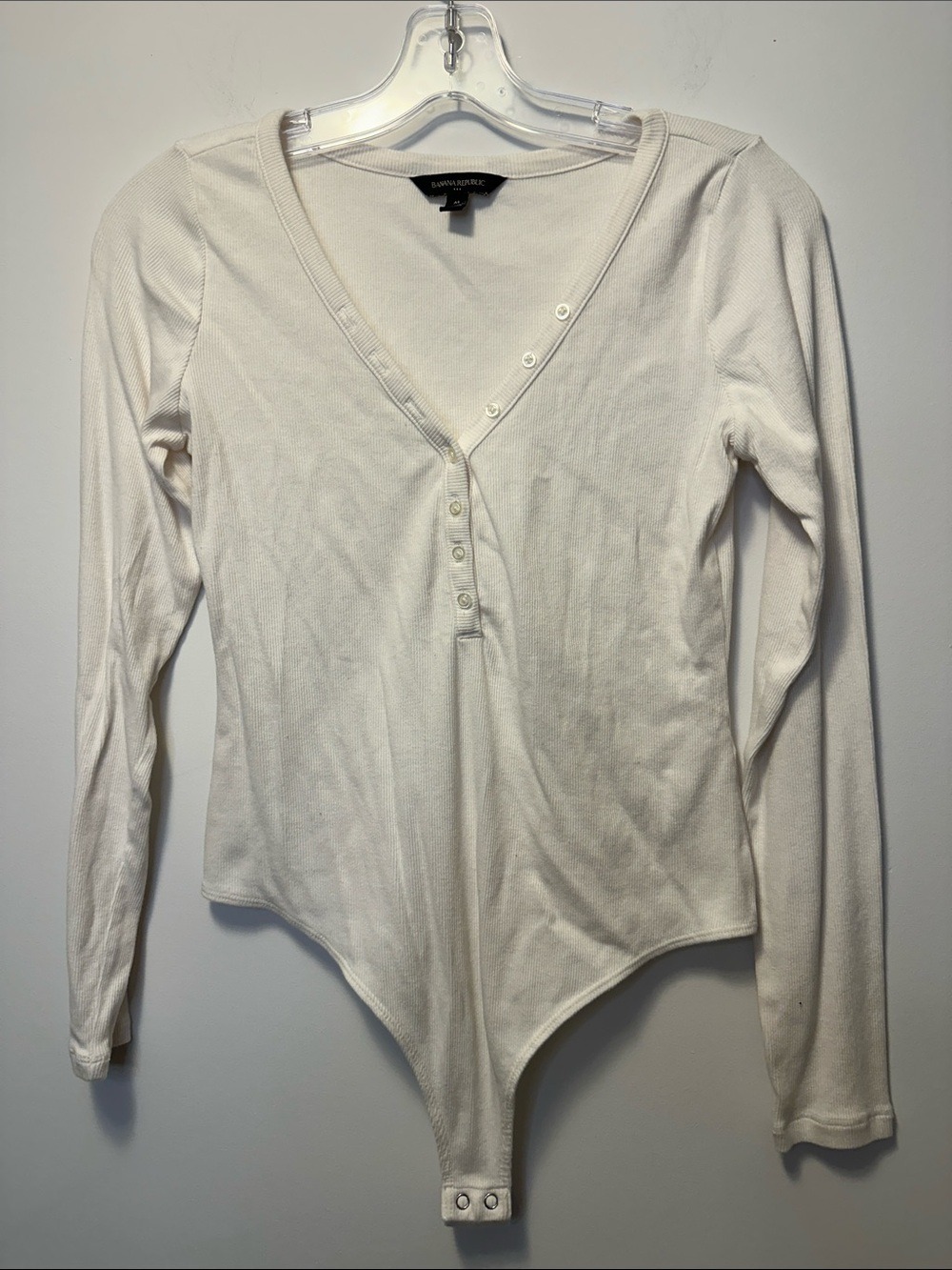 Banana Republic Ribbed Off-White Long-Sleeve Henley Bodysuit